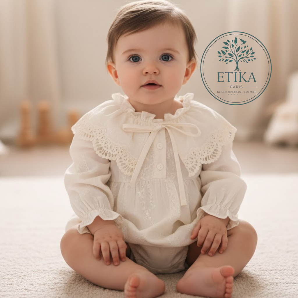 Barboteuse BÉBÉ 100% Coton Brodée - "Fleurs de Coton" | Etika Paris